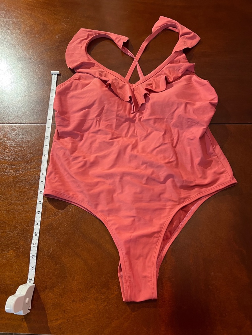 Xhilaration Coral Pink Ruffle V-Neck One-Piece Swimwear with Cross Back